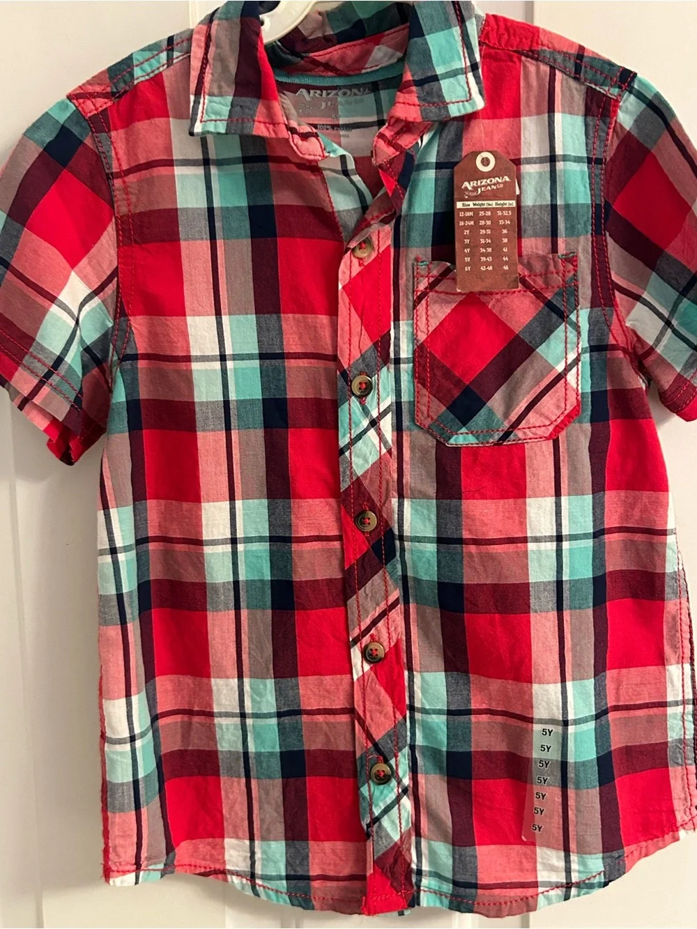 NWT-Boys Arizona Jean Company Red and Teal Plaid Short-Sleeve Button-Down Shirt